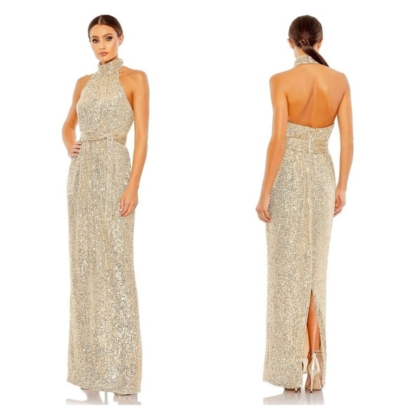 IEENA FOR MAC DUGGAL Sequined Halter Neck Belted Soft Dress In Champagne - Picture 1 of 6